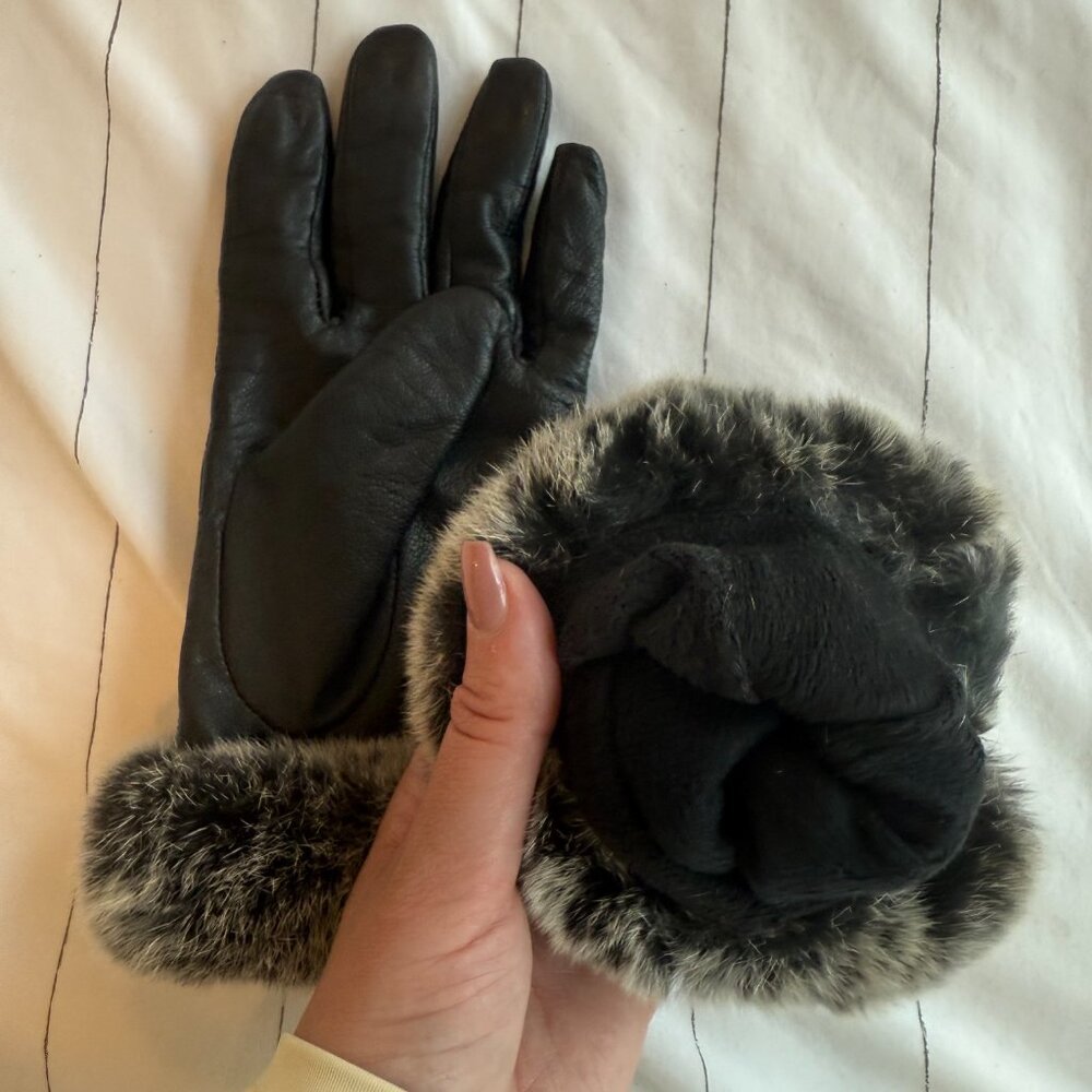 Leather Winter Gloves Fleece Lined Grey Fur Cuff Large Black Touch - Picture 3 of 4